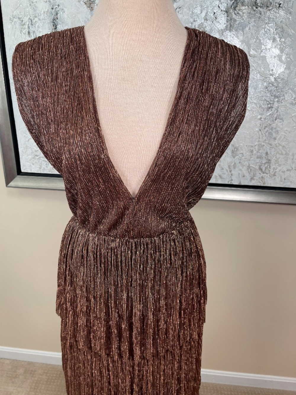 SABINA MUSAYEV Skylar Pleated Metallic Tiered Deep V Brown Maxi Dress Size XS - Picture 3 of 7